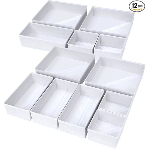 DIMJ Drawer Organizer Clothes, 12 Pack Fabric Closet Organizers and Storage, Foldable Baby Clothes Organizer & Dresser Bin For Nursery, Bedroom, Closet, Socks, Bra, Tie,White