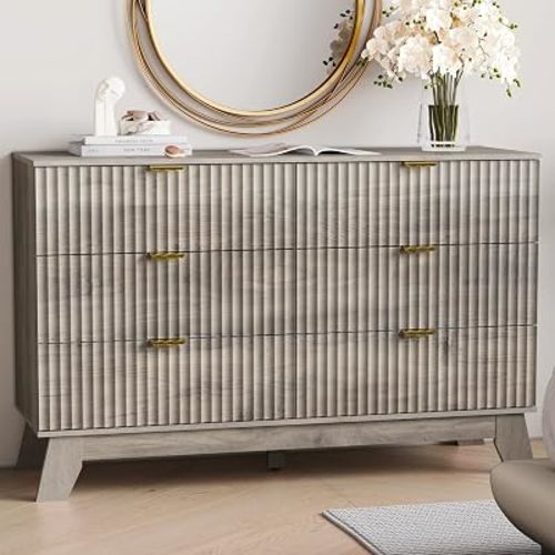6 Drawer Dresser for Bedroom, Fluted Dressers Chest of Drawers with Gold Handle, Mid Century Modern Dresser for Closet, Wood Closet Storage Organizer Furniture for Bedroom, Living Room, Hallway, Grey