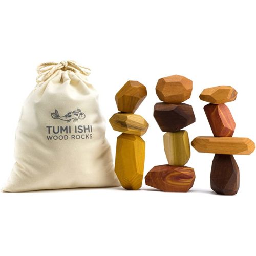 Tumi Ishi 11 Piece Natural Wooden Balancing Block Set - Sensory Educational Natural Wood Toy Stacking Game - Mixed Wood Species - USA Made - Jojoba Oil and Beeswax Finish - Wood Stone Building Blocks