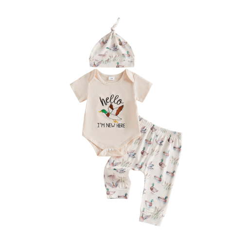 BemeyourBBs Hello I'm New Here Newborn Baby Boys Come Home Outfit Mallard Duck Embroidery Short Sleeve Romper with Pants Hat Cute Infant Summer Clothes