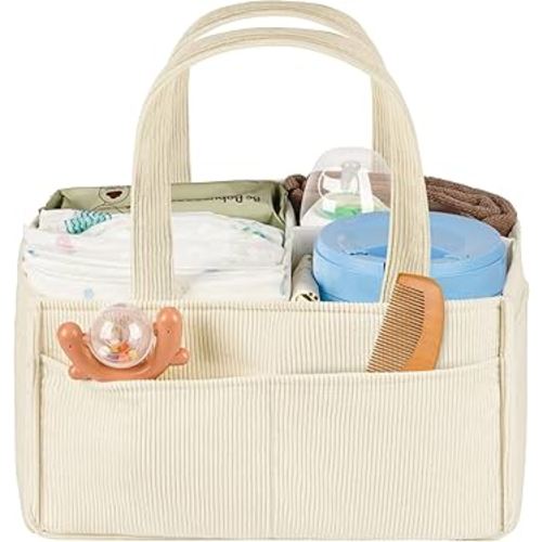 Baby Diaper Caddy Organizer - Portable Nursery Storage Basket for Newborn Essentials, Foldable Diaper Bag Organizer for Baby Shower Gifts and Registry Must-Haves, Car Organizer with Dividers (Beige)