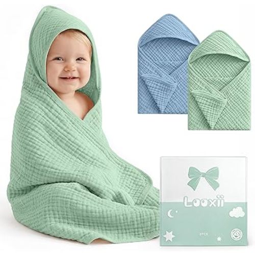 Looxii Baby Bath Towels 2 Pack Muslin Hooded Baby Towels for Newborn and Infants, 100% Cotton, Large 32x32Inch, Soft and Absorbent Blue+Green