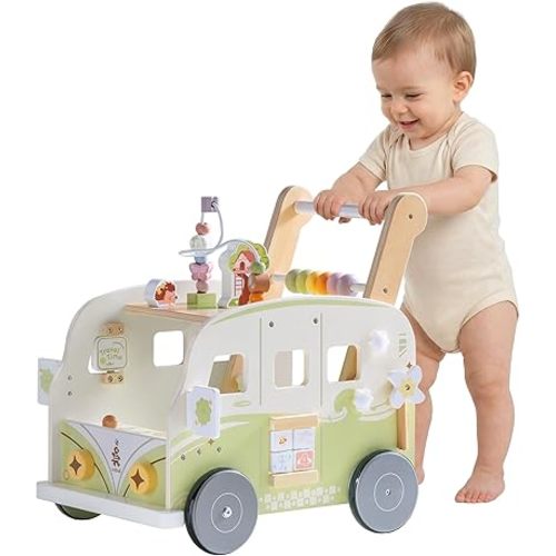 ROBUD Wooden Baby Walker, Height & Speed Adjustable Baby Push Walker with Anti-Slip Wheels, Developmental Activity Center with Forest Toys for 12-36 Months，Green