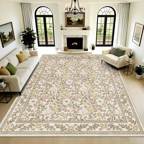 8x10 Area Rugs for Living Room, Floral Vintage Washable Large Soft Non-Slip Low Pile Carpet Indoor Floor Stain Resistant for Bedroom Dining Room, Beige/Multi