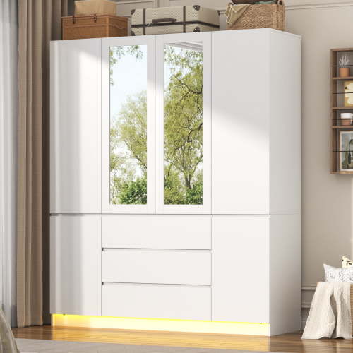 ChVans 75" Tall 4 Doors Armoire Wardrobe Closet with 3 Drawers and Mirror, Large Wardrobe Closet for Bedroom with LED Lights, Wooden Armoire Storage Cabinet with Hanging Rod, White