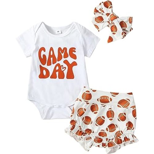 Omkzanbi 3Pcs Newborn Baby Girl Football Outfit Game Day Bodysuit Onesie Ruffle Bloomer Bummie Shorts Cute Coming Home Outfit
