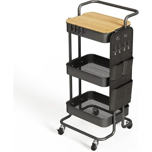 DTK 3 Tier Metal Utility Rolling Cart with Table Top and Side Bags, Tray Storage Organizer Wheels, Art Craft 4 Hooks for Kitchen Bathroom Office Living Room (Black)