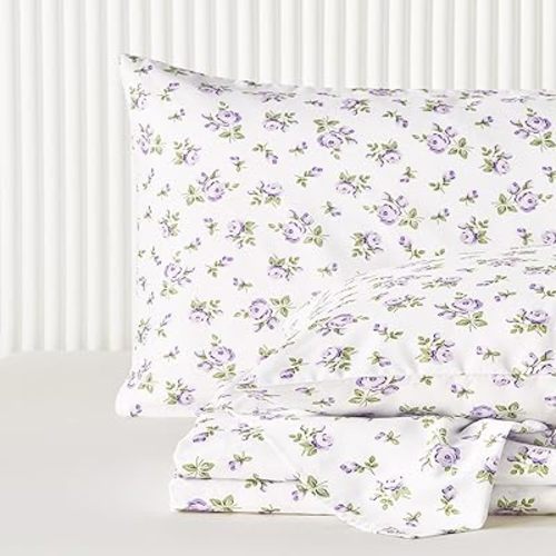 Wake In Cloud - Floral Bed Sheets, 4-Piece Sheet Set, Shabby Chic Flower Rose Pattern Printed Coquette Cottagecore Vintage Aesthetic Bedding, Deep Pocket, White Purple, Full Size