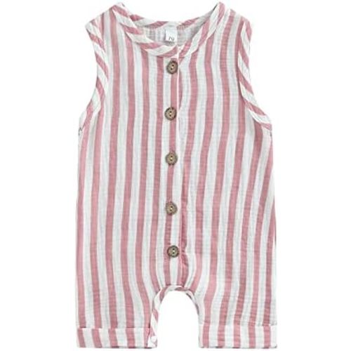 Infant Baby Boys Girls Cotton Linen Jumpsuits Sleeveless Button Down Striped Short Overalls Romper Summer Fall Outfits