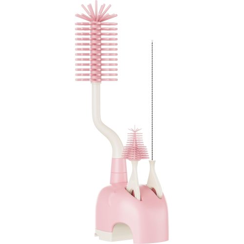Silicone Bottle Brush Set with Stand, 360° Rotating Bottle Cleaning Brush Cleaner Set, Long Handle 3 in 1 Multipurpose Silicone Baby Bottle Straw Cleaner Brush (Pink)