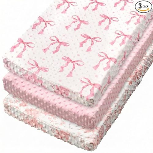 3 Pcs Pink Bow Baby Changing Pad Covers, Flowers Changing Table Cover for Girls, 32 x 16 in Minky Table Sheets, Soft Velvet Nursery Decor, Baby Items