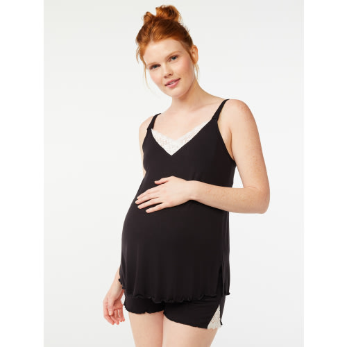 Joyspun Women’s Maternity Lace Trim Nursing Camisole and Shorts Pajama Set, Sizes S/M to XXL/XXXL
