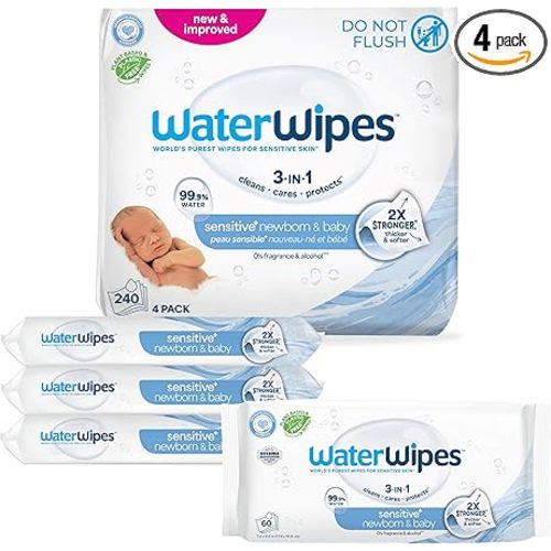 WaterWipes Sensitive+ Newborn & Baby Wipes, 3-In-1 Cleans, Cares, Protects, 99.9% Water, Unscented & Hypoallergenic, 240 Count (4 Packs)