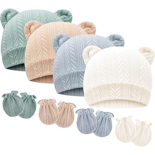 BQUBO Newborn Baby Hats Bear Ears and Mittens Sets Preemie Caps Baby Boy Girl Infant Hospital Beanie for 0-3 Months