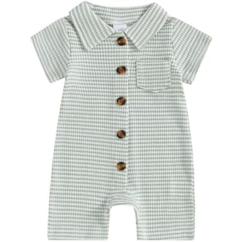 Baby Boy Stripe Romper Waffle Knit Short Sleeve Lapel Button Down Jumpsuit Bodysuit Newborn Summer Outfits