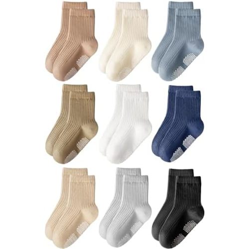 HONGTEYA 9 Pairs Toddler Boys Socks, Baby Non Slip Socks for Infant Cotton Sock with Grippers 0-5 Years