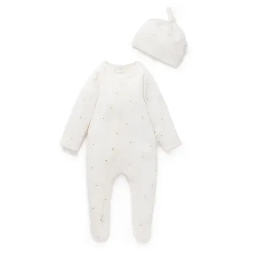 Purebaby 2 Piece Set Growsuit & Hat Essential Bear White | Baby Bunting AU
