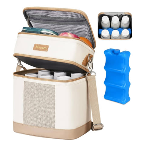 Mancro Breastmilk Cooler Bag with Ice Pack, Double Layer Insulated Baby Bottles Bag Fits 6 Bottles Up to 9 Ounces, Portable Breast Pump Cooler Travel Bag for Daycare and Nursing Moms, Beige
