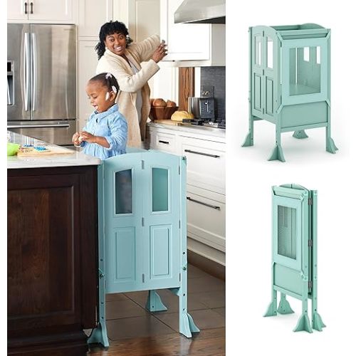 Martha Stewart Kitchen Helper ® Toddler Tower - Mint: Premium Kids Wood Foldable Kitchen Platform, Adjustable Height Safety Step Stool for Toddlers with Non-Slip Mat, Mostly Assembled