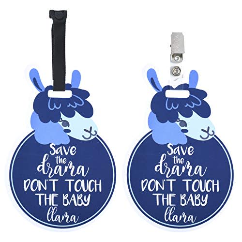 (Three Little Tots) Blue Llama Tags Two Pack- Baby Safety No Touching Car Seat Sign, Stroller Sign, Newborn Car Seat Tag, Baby Preemie No Touching Car Seat Sign- CPSIA Safety Tested (Blue Llama)