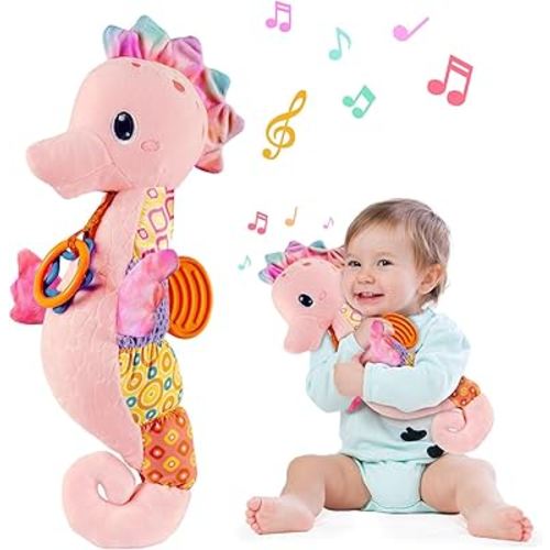 Fuzqq Baby Girl Toys 0-6 Months,Musical Stuffed Animal Plush Toy with Rattle,Soft Newborn Toy for 0 3 6 9 12 Months Girls,Baby Girl Gift,Pink