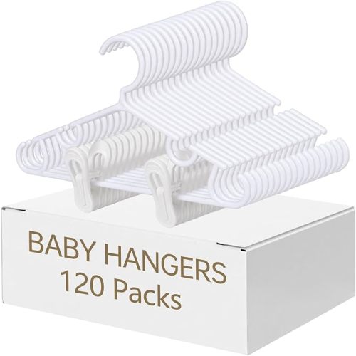 Nursery Baby Hangers with Clips, 40 Newborn Kids Plastic Clothes Hangers for Toddler Pants – with 80 Clips for Children's Clothes Packs(White,120 Packs)