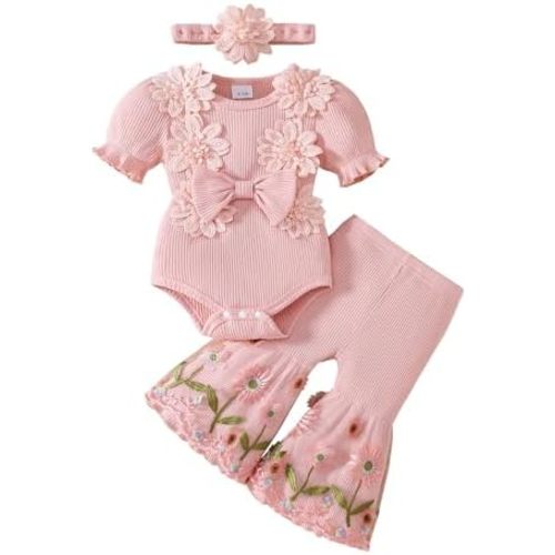 Newborn Baby Girl Clothes Infant Summer Bell Bottoms Outfits Puff Sleeve Romper Mesh Flare Pants Sets Headband