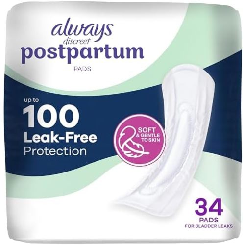 Always Discreet Postpartum and Adult Incontinence Pads for Women, Maximum Absorbency, Postpartum Pads, Up to 100% Bladder Leak Protection, 34 CT