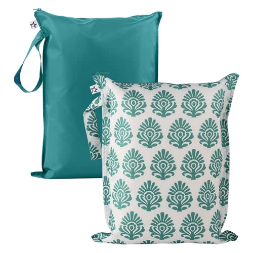 Tiny Twinkle Mess proof Waterproof Wet Dry Bag | 2-Pack Reusable Wet Bags for Swimsuits & Baby Clothes | Leakproof Wet Bag for Travel & Diapers | Wet Bags for Baby (Peacock)