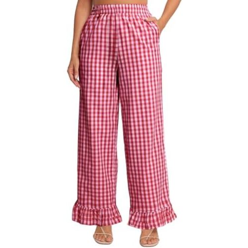 Flygo Women's Gingham Pants Y2K Cotton Wide Leg Ruffle Hem Lounge Pants Plaid Elastic Wasited Trouser with Pockets