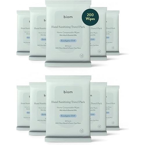 Biom Hand Sanitizing Wipes - Travel Size 10 pack(200 Wipes) 65% Ethanol Alcohol, Kills 99.9% of Germs, Removes Dirt & Grime, Made of Plant-Based & Plastic Free Fibers, Hypoallergenic -Eucalyptus Chill