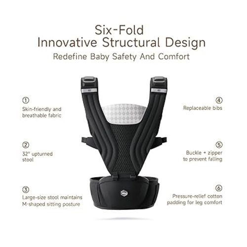 HBR Baby Carrier with Hip Seat, 6-in-1 Ergonomic Hip Seat Design, Newborn to Toddler, Forward-Facing Infant & Toddler Carrier, Air-Padded Shoulder Straps, Hands-Free, 45 lbs, Waist 47 in, Black