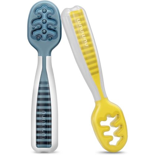 NumNum Baby Spoons Set, Baby Essentials Pre-Spoon GOOtensils for 6+ Months, First Stage Self-Feeding Spoons for Baby Led Weaning (BLW), Silicone Toddler Utensils, BPA-Free, 2 Pack Blue/Yellow
