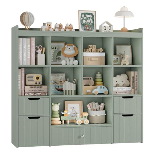 HORSTORS 48" W Kids Toy Storage Organizer, Kids Bookshelf w/Storage, Green | 2 Mobile Toy Boxes & 3 Drawers, Toy Storage Chest with Open Cubbies for Boys and Girls, Kids Bookcase for Playroom, Classroom