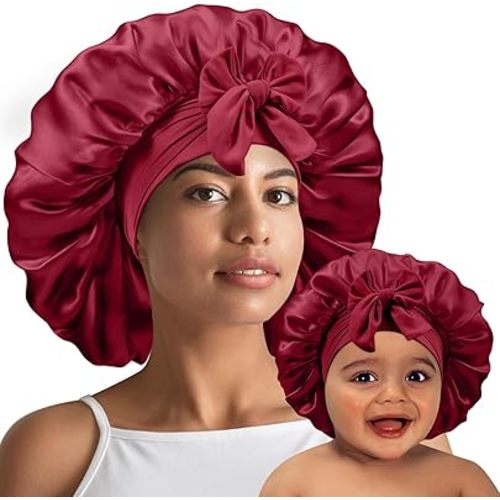 2 PCS Mommy and Me Bonnet Set,Silk Bonnet for Kids and Women,Satin Bonnets for Sleeping with Elastic Tie Band,Adjustable Hair Bonnets for Women Girl Kids Toddler Sleeping Caps(Red)