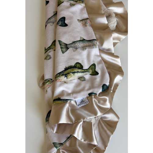 Fishing Baby Blanket, Fish Minky Blanket with Satin Trim, Neutral Baby Blanket, Outdoorsy Nursery, Fisherman Dad Gift, Luxury Minky Throw