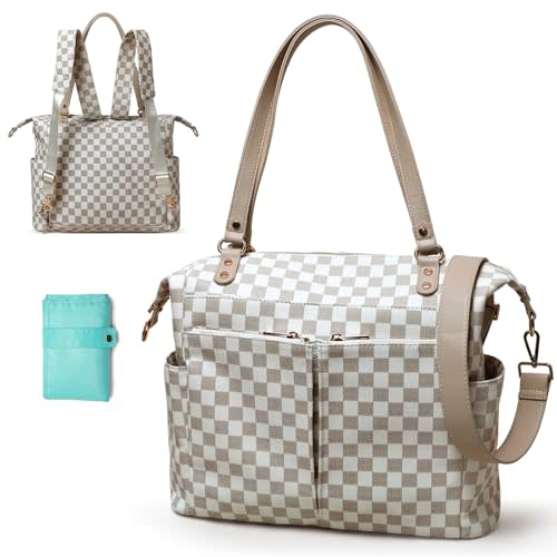 MOMINSIDE Checkered Diaper Bag Backpack Diaper Bag Tote with 14 Pockets, Plaid Tote Bag 4 in 1 Leather Checkered Bag for Boys Girls, Changing Pad, 4 Large Insulated Pockets(beige&honey)