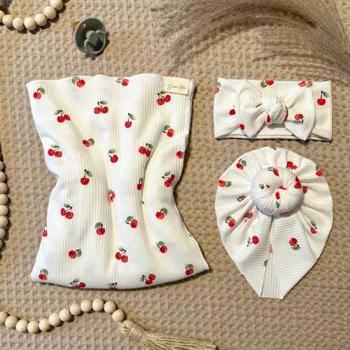 White Cherry Ribbed Knit Baby Swaddle Set