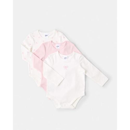 3 Pack Cotton Long Sleeve Bodysuits - Pink Bows - 00