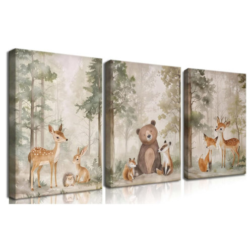 August Grove® Nursery Canvas Wall Art Set Of 3 - Woodland Wild Animals Bear Fox Deer Watercolor Paintings Pictures Wall Decor, Forest Animal Decor For Room Decoration 12X16 Inch Framed | Wayfair