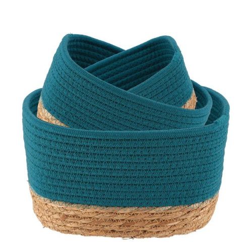 Evideco French Home Goods Exotic Tahitian Blue Cotton Storage Baskets - Set Of 3, Stackable Bins For Shelves, For Diapers, Dog Toys, Laundry