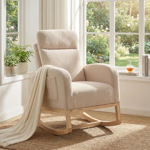 Modern Nursery Rocking Chair Upholstered – Side Pocket Glider Recliner | High-Density Foam Padding; Smooth Quiet; Durable Wood Frame; Removable Washable Cover; For Living Room, Bedroom, Nursing Room