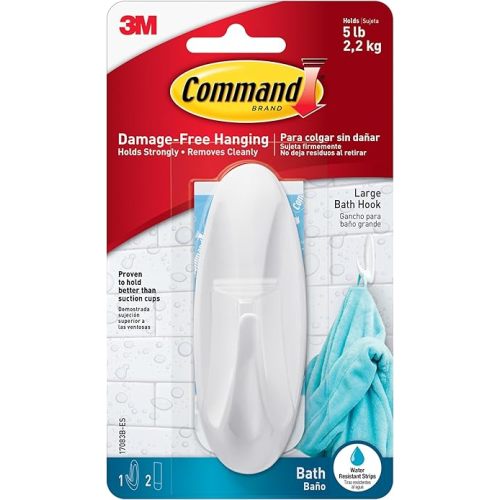 Command Designer Bath Hook Large White 1-Hook with Water-Resistant Strips (17083B-ES) Organize your dorm