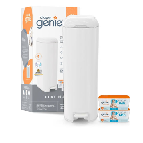 Diaper Genie Platinum Pail Gift Set, Lily White, Made of Durable Stainless Steel and Includes 2 Easy Roll Refills with 18 Bags and 30 Bags