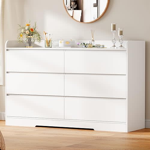 BEWISHOME White Dresser for Bedroom, 6 Drawer Dresser Chest of Drawers, Wood Dressers for Closet, Wide Modern Dressers with Fence for Living Room, Hallway, Entryway, TV Stand, White KCG04W