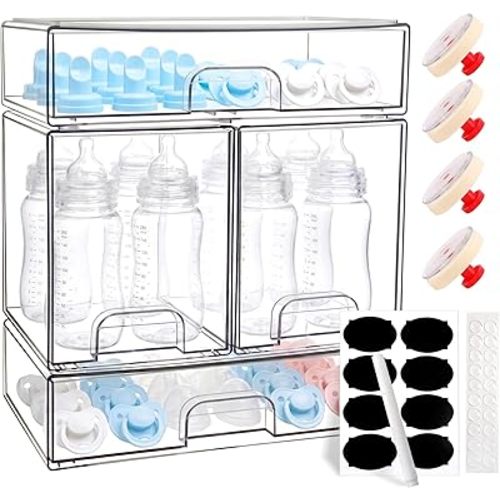 Baby Bottle Organizer, 4 Pack Stackable Storage Drawers with Labels and Hooks, Baby Organizers and Storage for Holds Bottles, Nipples, Pump Parts, Cabinet, Pantry, Countertop, Vanity, Space-Saving