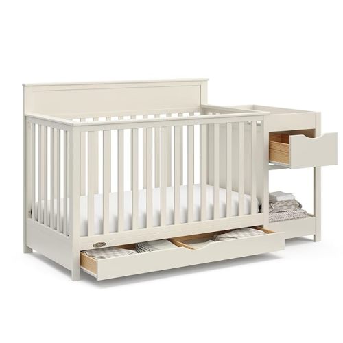 Graco Shiloh 5-in-1 Convertible Crib & Changer with Drawer, Frosted Oat | GREENGUARD Gold Certified, Baby Crib & Changing Table Combo, Includes Water-Resistant Changing Pad, Converts to Full-Size Bed