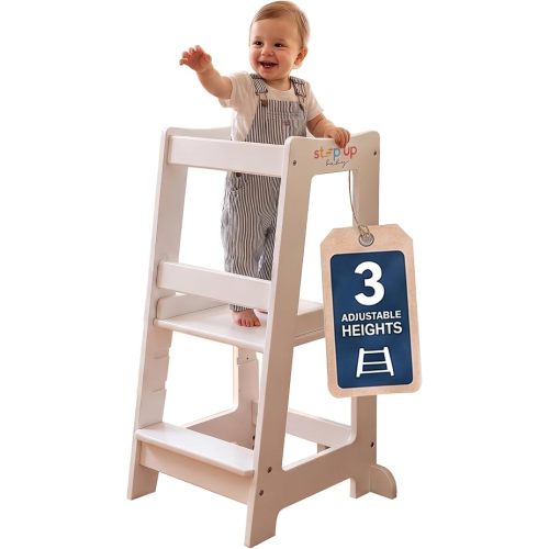 Toddler Tower 3-Level Adjustable Wooden Toddler Step Stool White
