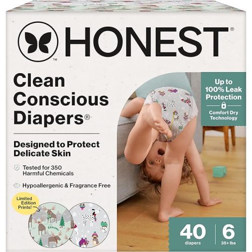 The Honest Company Clean Conscious Diapers for Delicate Skin | Up to 100% Leakproof | Hypoallergenic, Fragrance Free | Winter '25 Limited Edition Prints | Club Box, Size 6 (35+ lbs), 40 Count