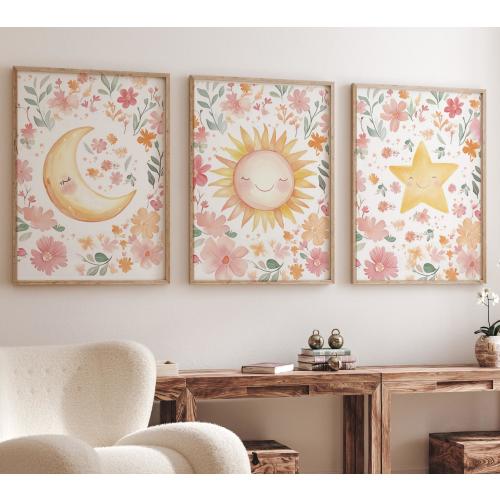 Floral Sun Moon Star Nursery Wall Art Set, Boho Baby Girl Room Decor